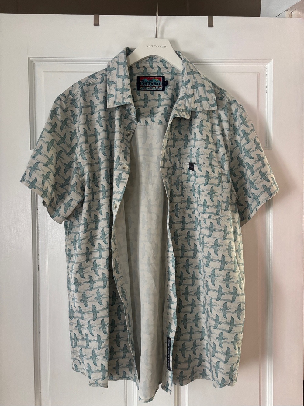 Burlebo Short-Sleeve Button-Up Shirt in Light Teal Bird Print